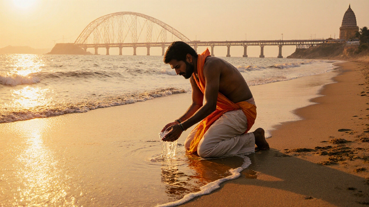 A pilgrim collects holy water at Agni Theertham beach as the sun turns the sand golden.