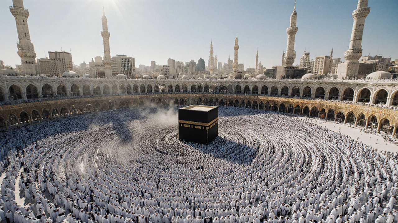 A sea of white-clad pilgrims circles the Kaaba during Hajj, under a vast blue sky.