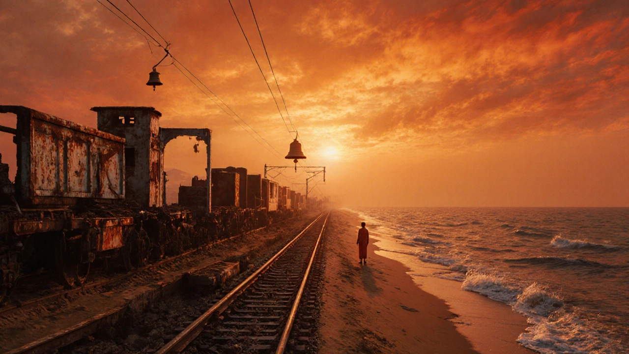 Abandoned train cars and railway tracks at Dhanushkodi, silhouetted against a fiery sunset.
