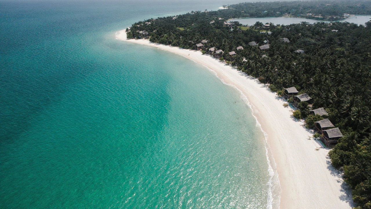 Aerial view of Radhanagar Beach showing white sand, turquoise water and mangrove fringe.