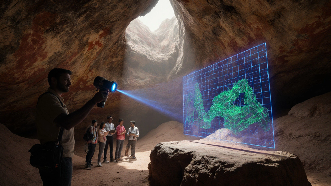 Archaeologists scanning a cave wall with laser equipment and tourists observing.