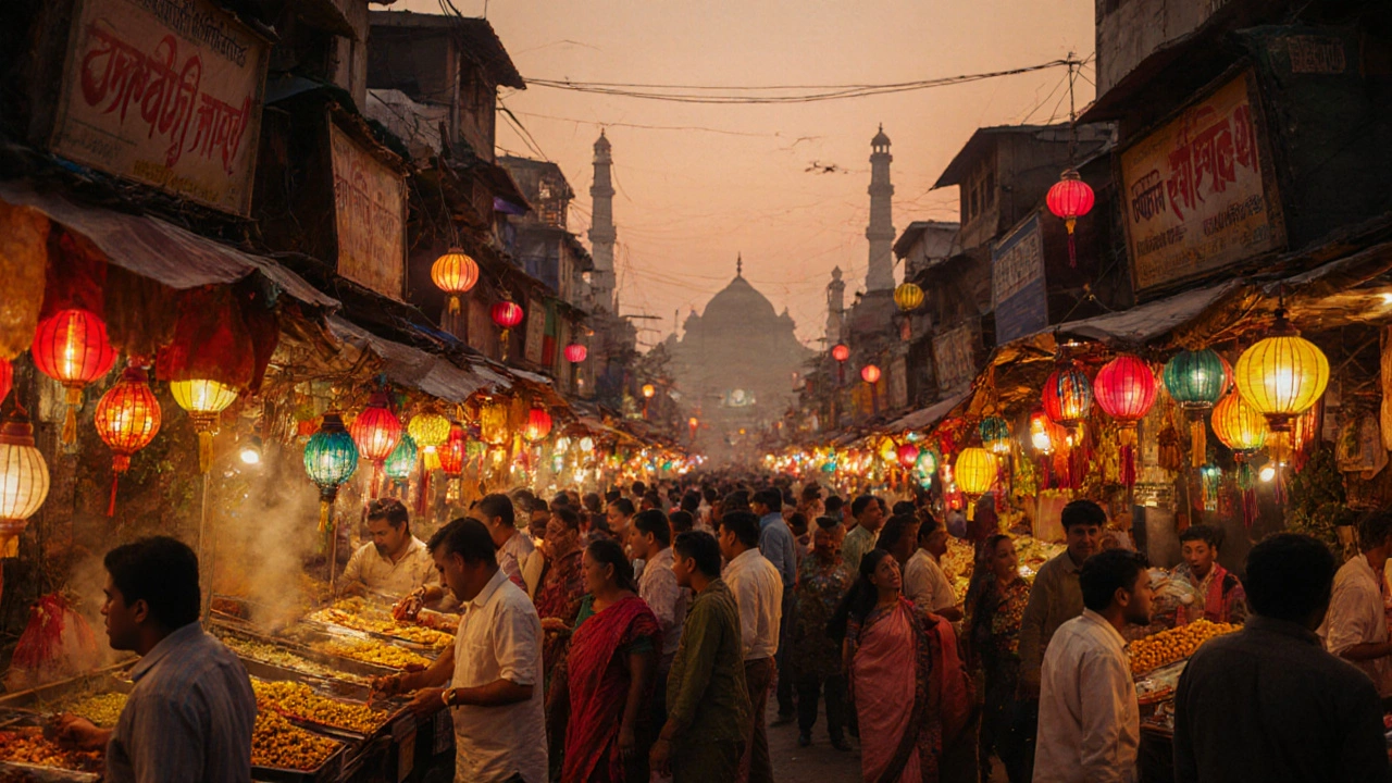 Busy Delhi street food market with stalls selling samosas and bhelpuri.