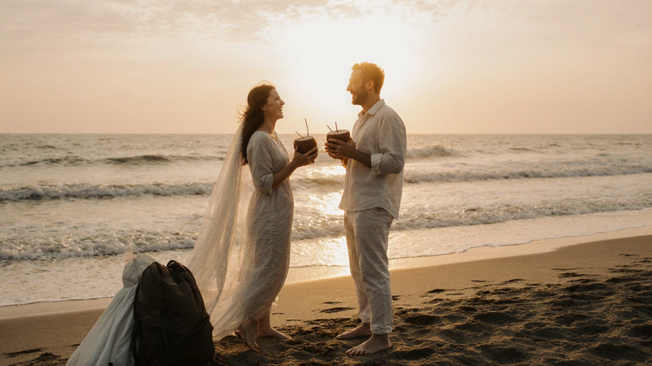 Couple laughing on a Bali beach at sunrise, wearing casual clothes, with a wedding dress in a backpack nearby.