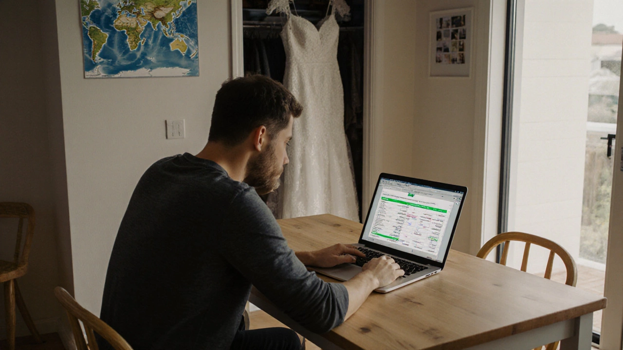 Couple reviewing a wedding budget spreadsheet at home, with a dress in the background and a Bali map on the wall.