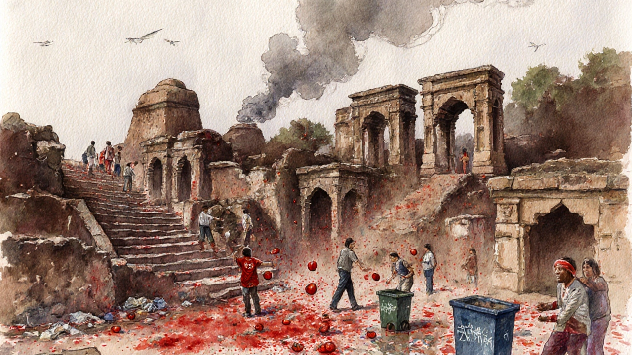 Crowded Hampi ruins showing eroded stone, litter, and a chaotic La Tomatina festival with visible waste.