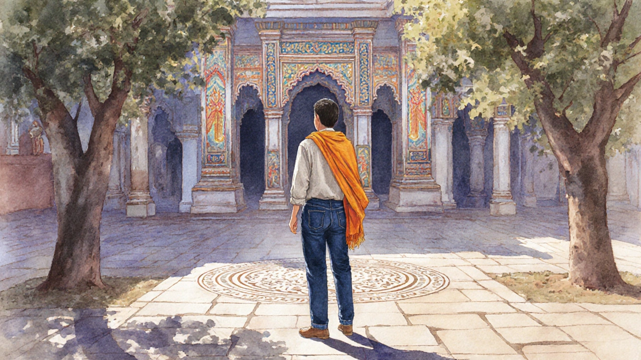 Dark denim jeans paired with long shirt and shawl in temple courtyard.