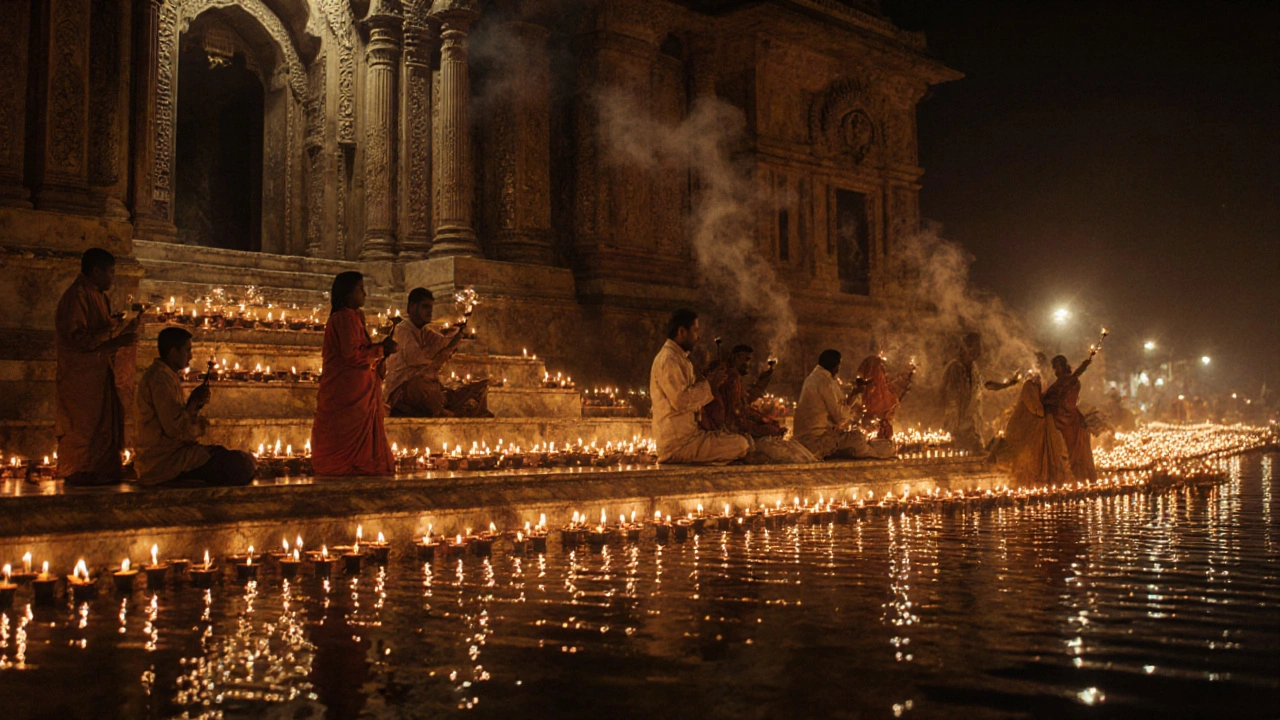 Diwali lights reflect on temple steps in Varanasi, with incense smoke and priests performing aarti at night.
