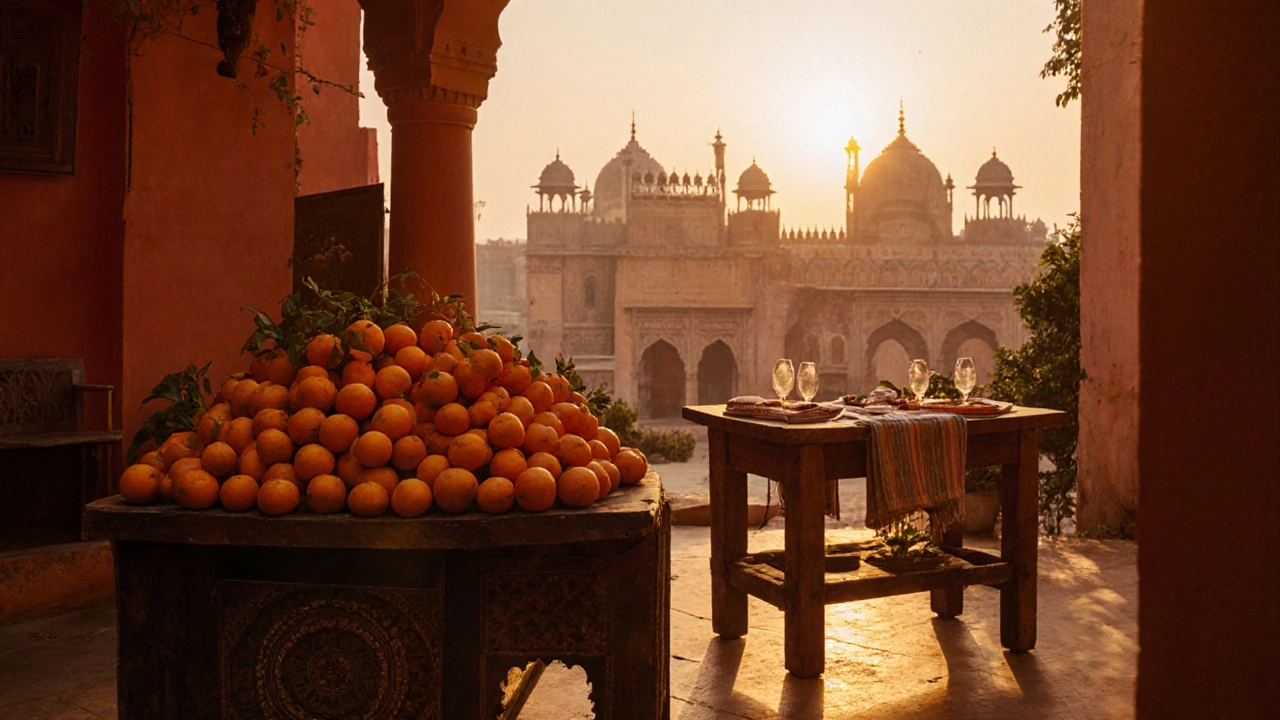 Eco‑resort courtyard at sunset with orange market stalls and Rani Mahal in the background.