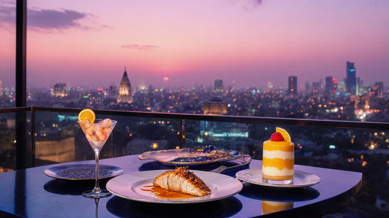 Elegant rooftop dinner in Mumbai with three-course meal and city skyline at sunset.