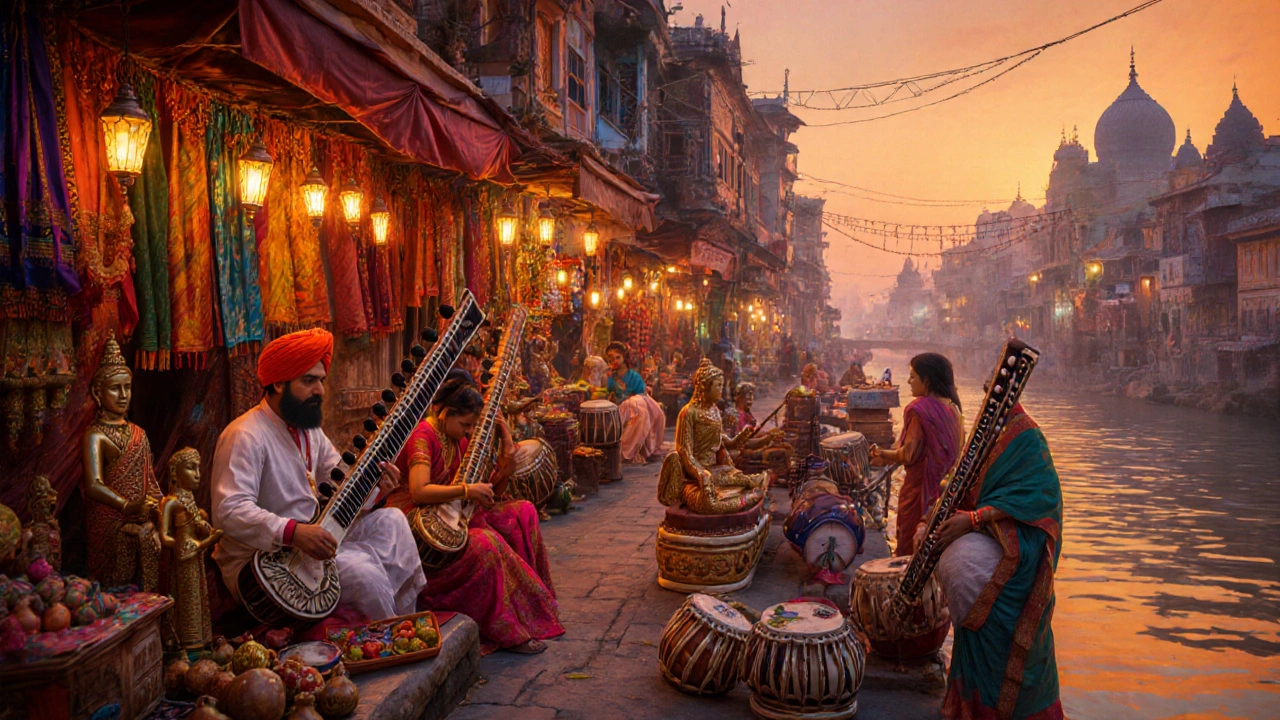Evening market in Varanasi with silk stalls, musicians, and lanterns.