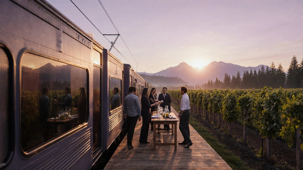 Future Pacific Northwest luxury train at a vineyard stop, passengers enjoying wine tasting beside lush vines.
