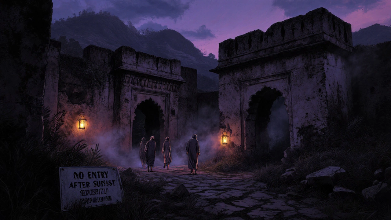 Guided visitors explore the haunted Bhangarh Fort at dusk, lanterns lighting the ruins.