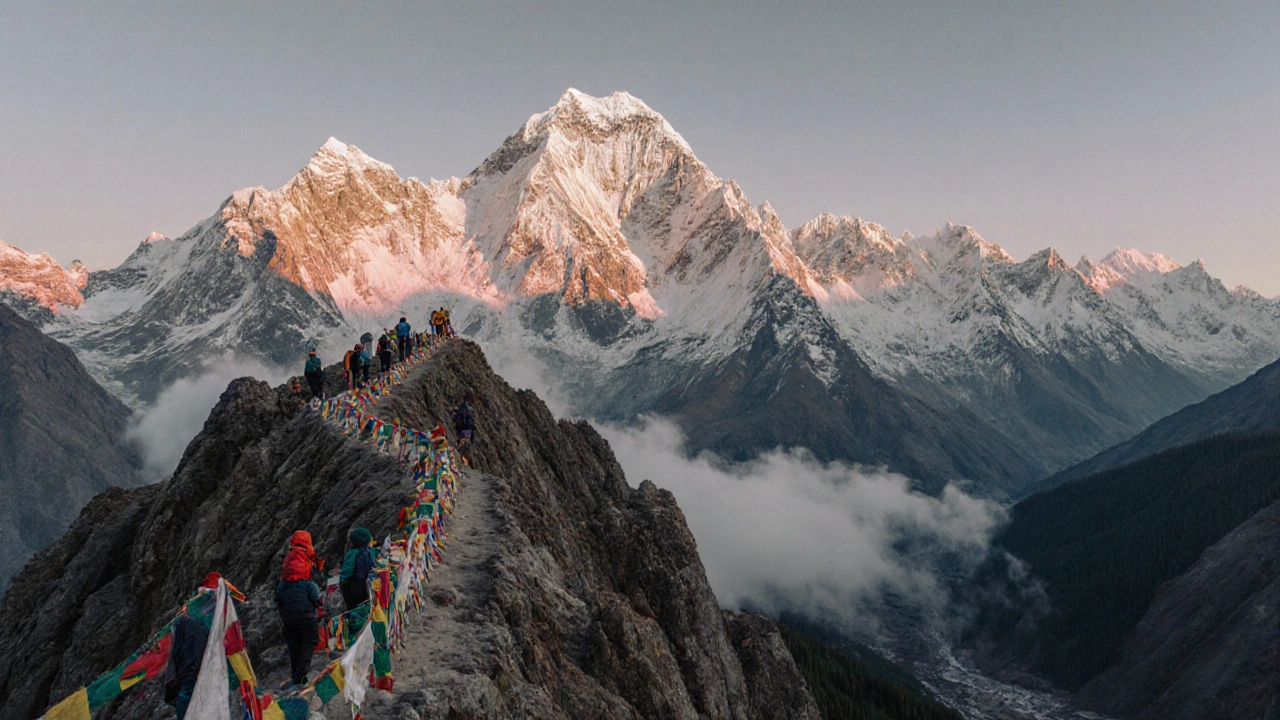 Himalayan mountain sunrise with prayer flags and trekkers on a ridge.
