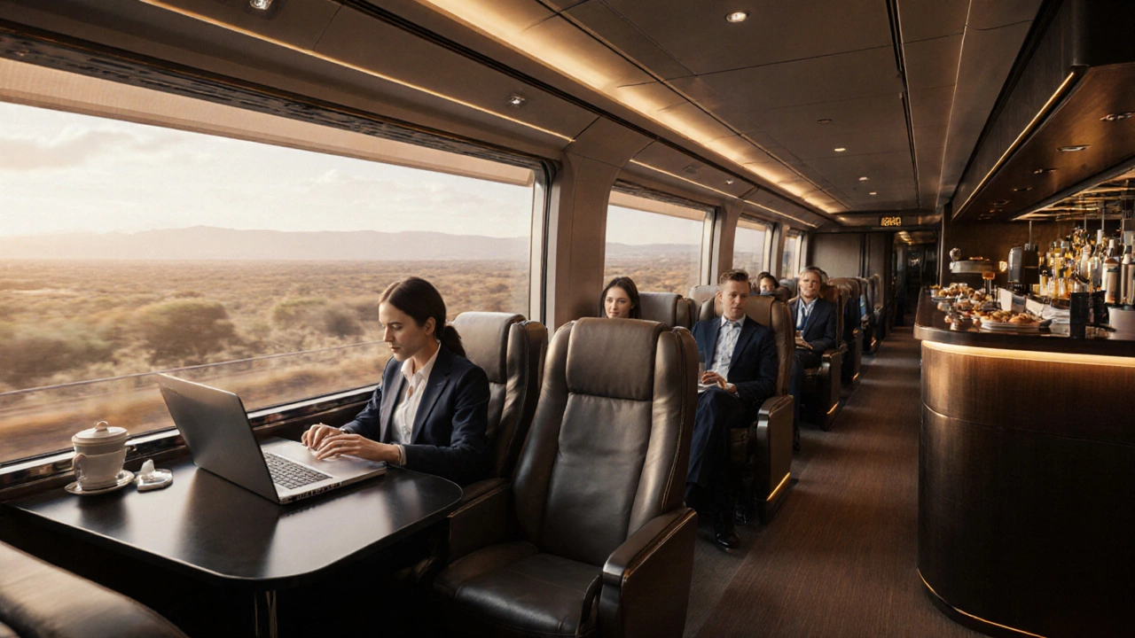 Inside Avelia Liberty business cabin and lounge, passengers work and relax with large windows.
