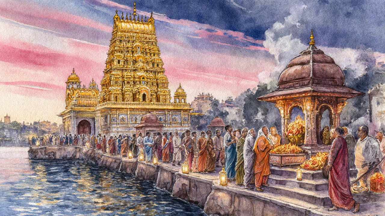 Kashi Vishwanath Temple at twilight with pilgrims and cremation ghats.