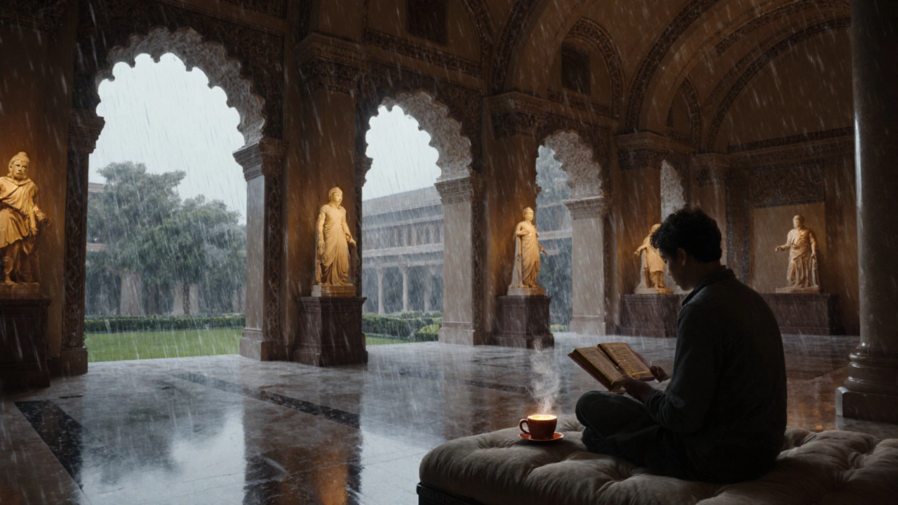 Museum interior with rain-soaked courtyard visible through windows.