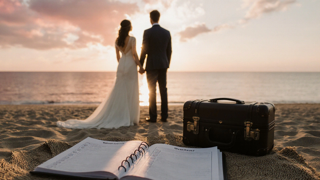 Newlyweds on a dawn beach holding hands with an open travel checklist nearby.