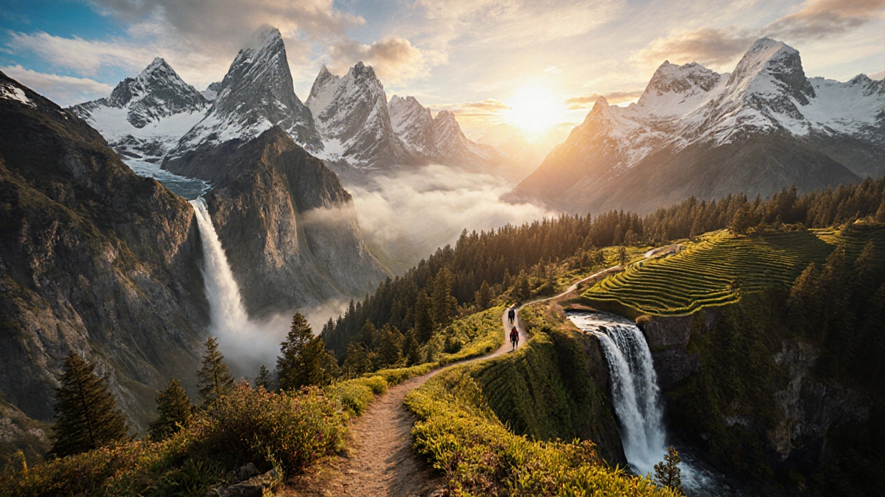 Panoramic montage of global trekking landscapes merging into one trail.