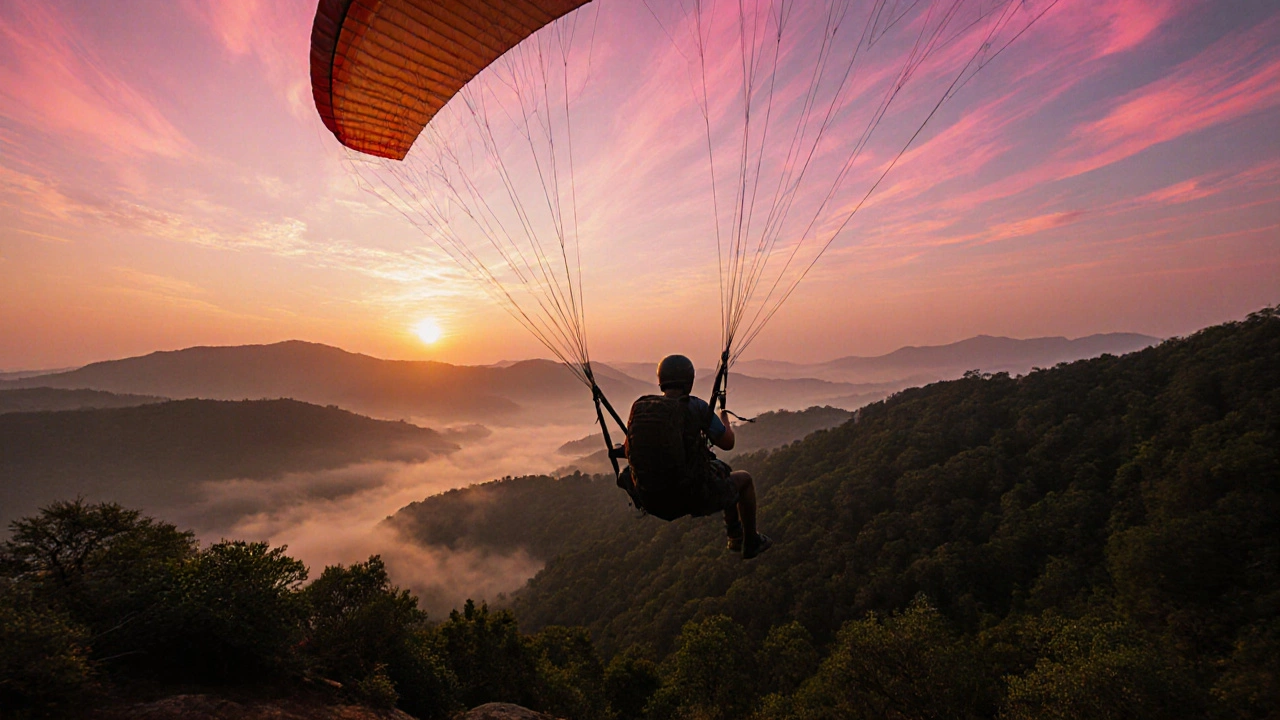 Paraglider flying over the forested Satpura Range at sunrise.