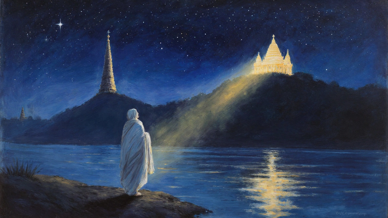 Pilgrim at twilight with faint outlines of Kashi and Tirumala temples bathed in light.