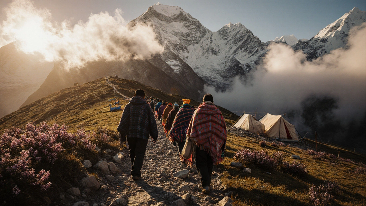 Pilgrims trekking up the snowy mountain path to Kedarnath under sunrise.