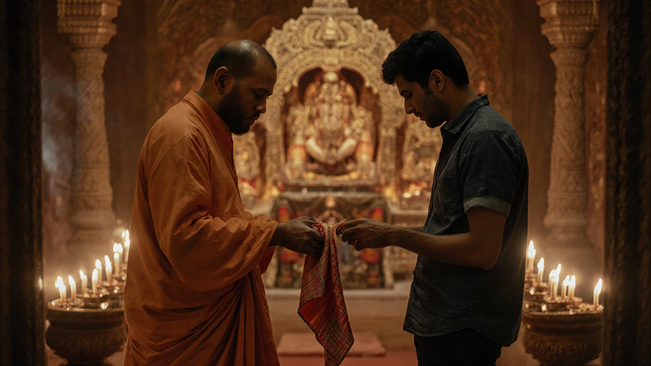 Priest offering a shawl to a traveler in jeans, showing respectful assistance.