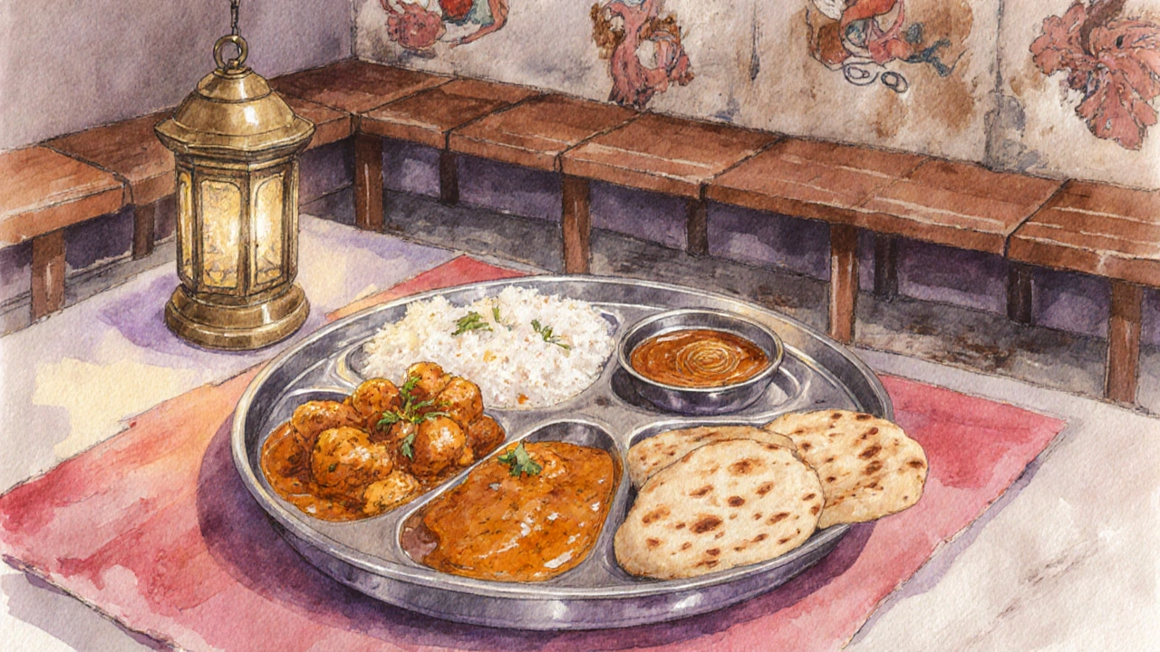Punjabi thali with butter chicken, dal, naan, and jalebi on a restaurant table.