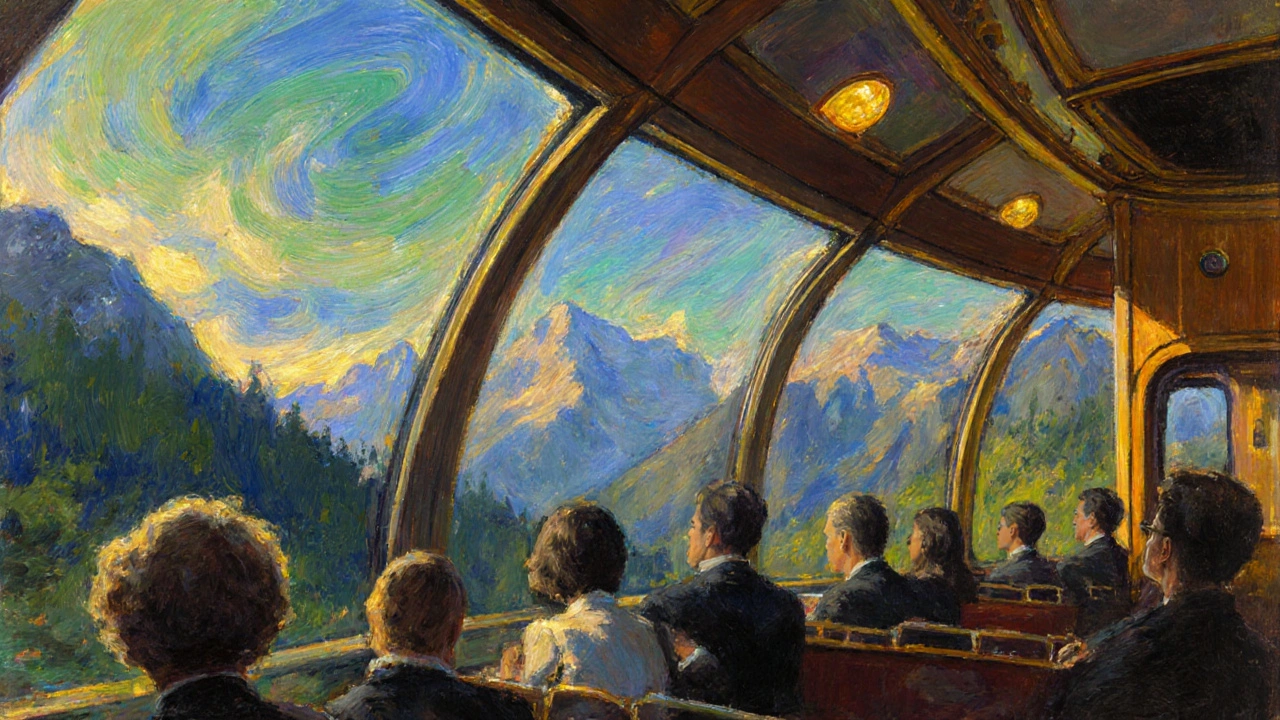 Rocky Mountaineer glass-domed coach showing travelers against a sunrise over the Cascade Mountains.