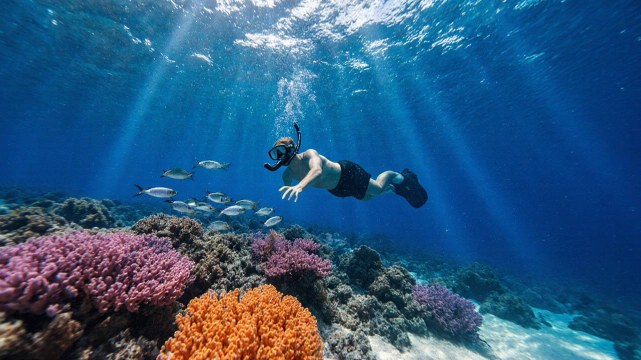Snorkeler swimming above a vibrant coral reef in deep blue water at Bangaram Island.
