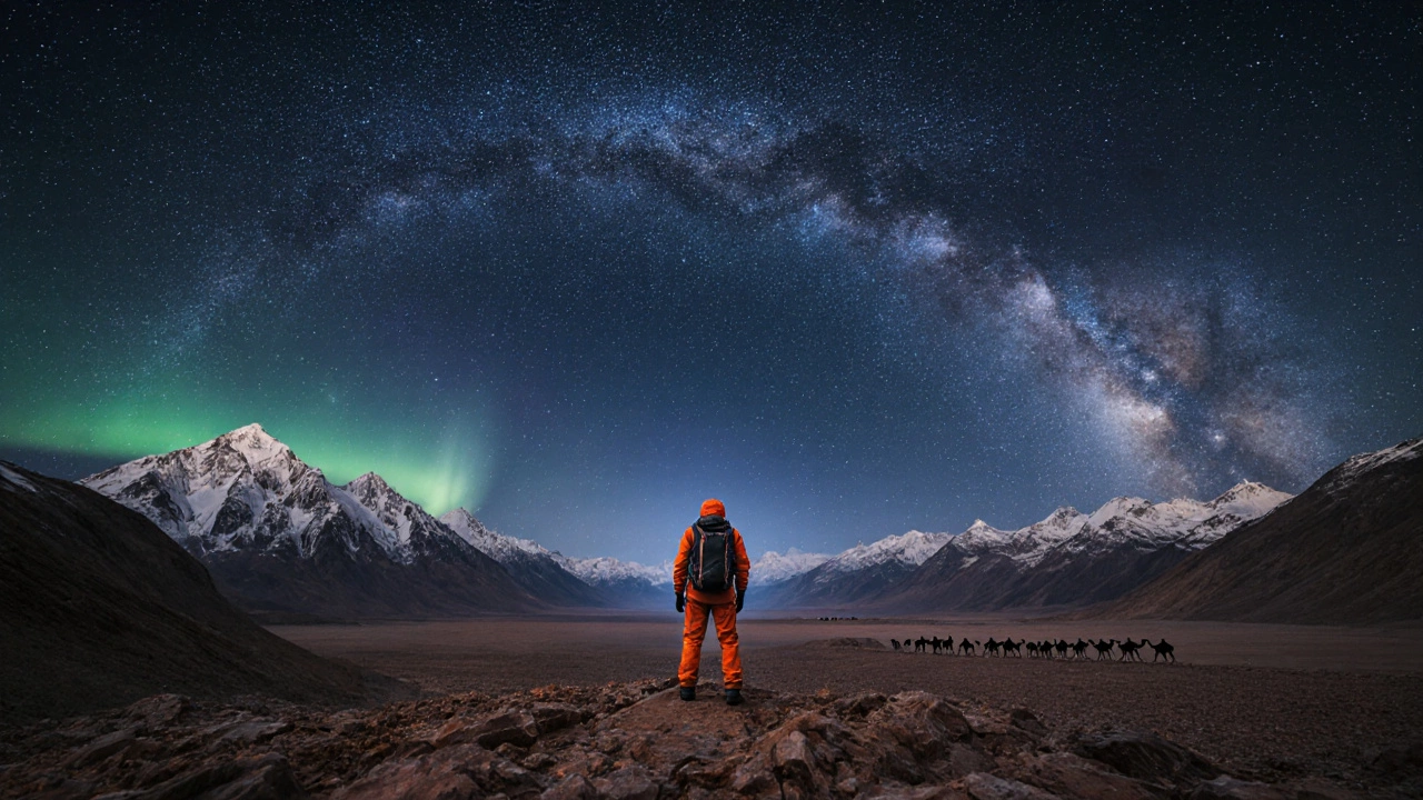 Solo hiker on a Ladakh plateau under a star‑filled dusk sky.
