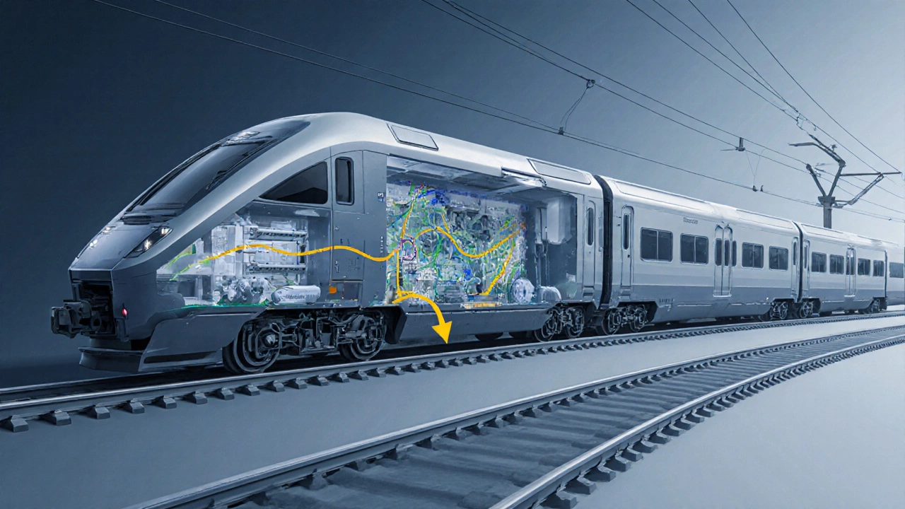 Technical cutaway of Avelia Liberty showing motors, tilting system and catenary on curved track.