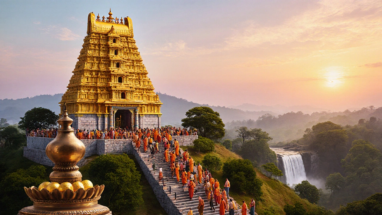 Tirumala temple at sunrise with pilgrims and a golden laddu offering.