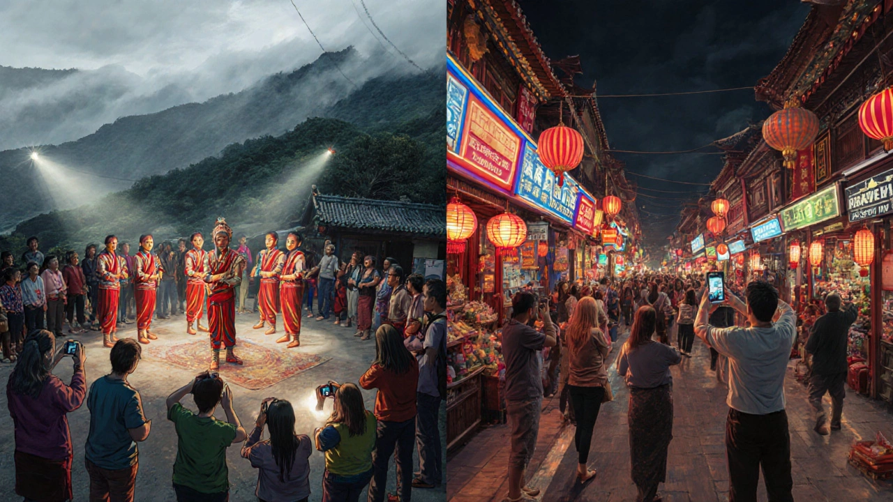 Tourists in inappropriate traditional dress at a Thai ceremony and a staged Beijing market street for photos.