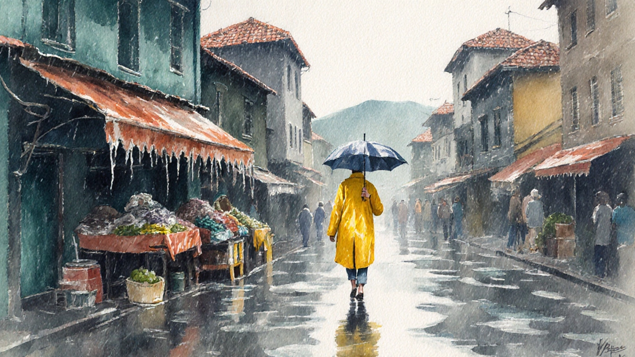 Traveler in yellow coat walking through rainy Delhi street market.