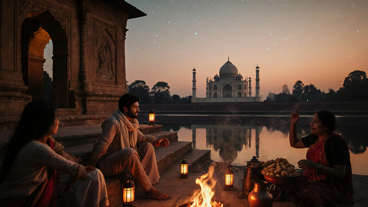 Traveler joining a folk dance at an Indian temple at dusk with lanterns and distant Taj Mahal reflection.