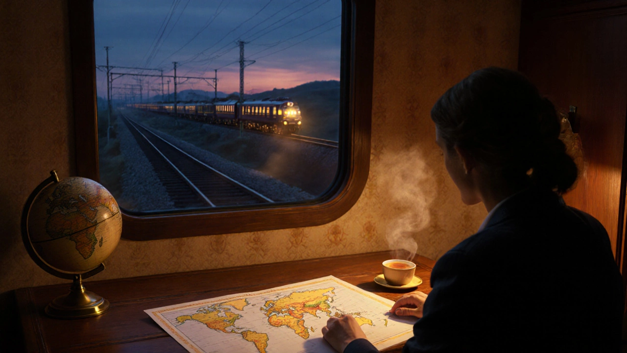 Traveler planning a luxury rail trip at a desk with map, globe, and glowing train silhouette.