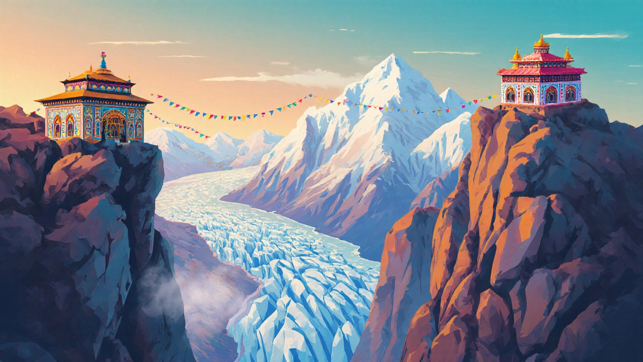 Vibrant travel poster of the four Uttarakhand Char Dham shrines together.