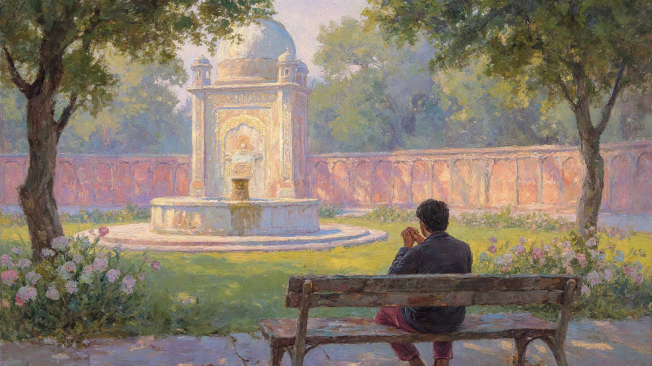 Visitor sitting quietly in Jallianwala Bagh garden, reflecting among memorials.