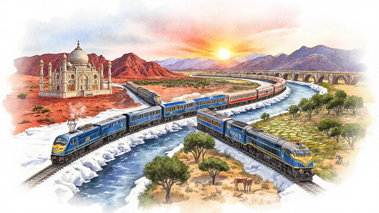 Watercolor collage of eight famous luxury trains traveling through diverse world landscapes.