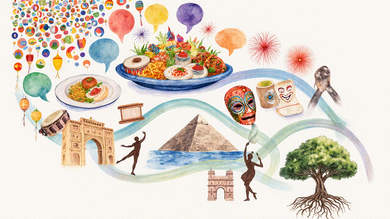 Watercolor illustration of language bubbles, food, festivals, arts, UNESCO sites, and tradition tree.