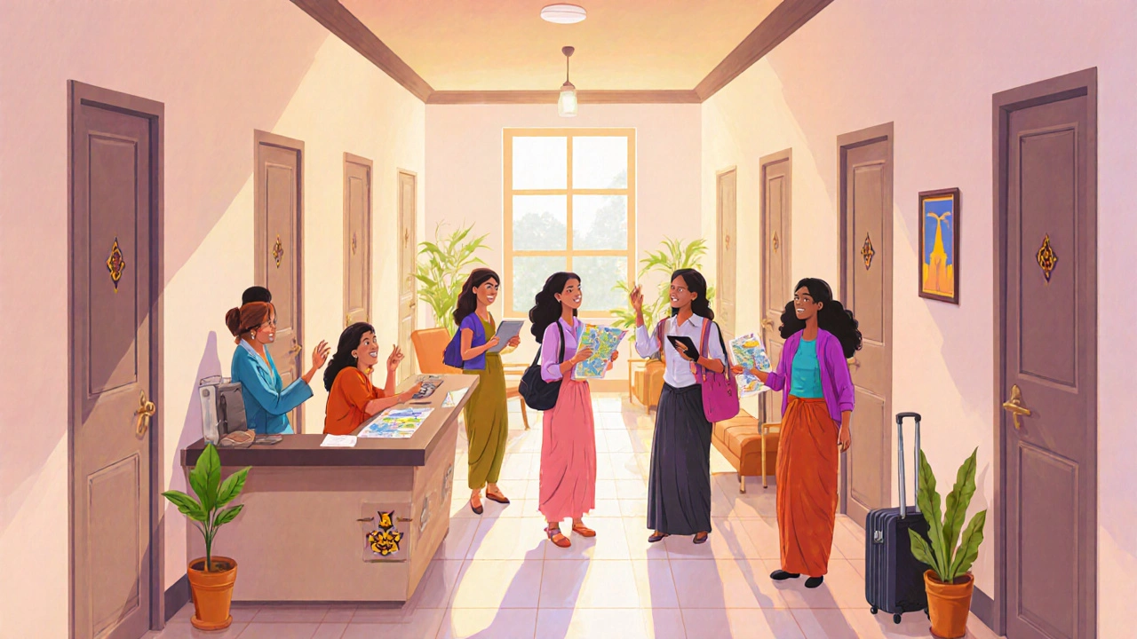 Women‑only hostel hallway showing diverse travelers in a welcoming, secure setting.