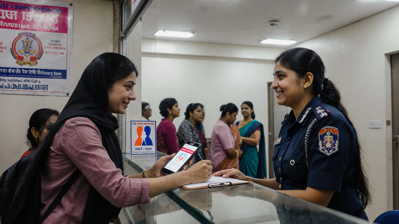 Women’s Cell kiosk in a police station where an officer assists a female traveler.