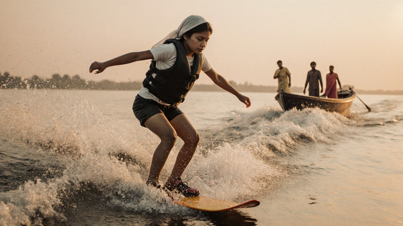 A girl water skiing in Kerala at sunrise, wearing a dupatta and old clothes, rising from a fall amid calm backwaters.