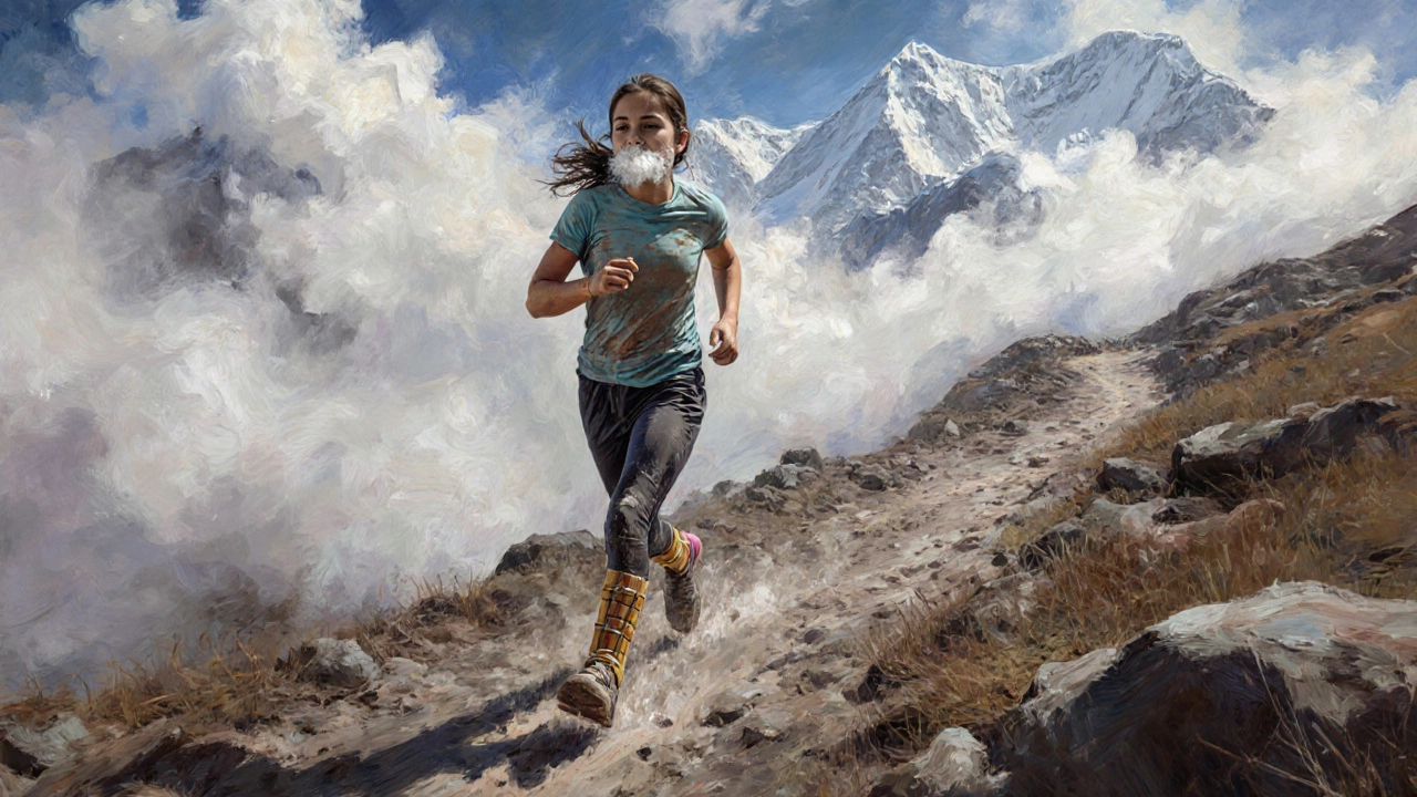A teenage girl runs a high-altitude trail in the Himalayas, injured but persistent, surrounded by mist and snow-capped peaks.