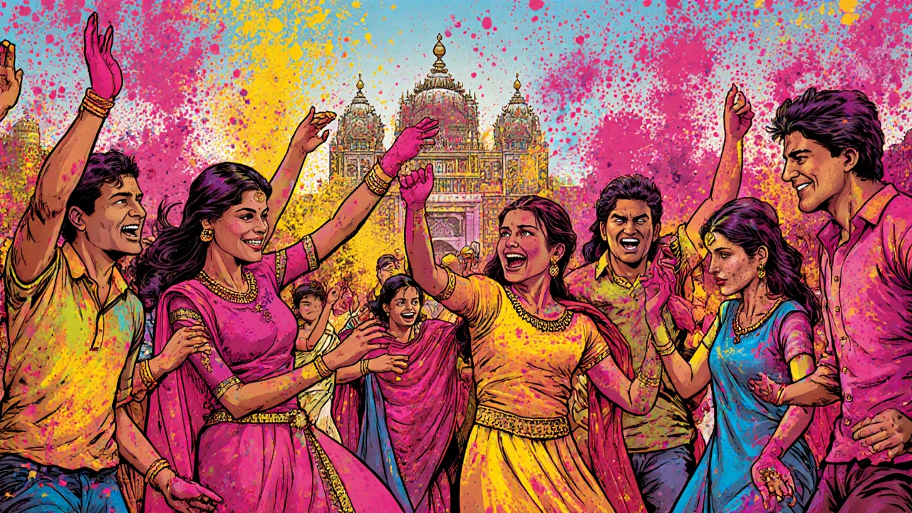 Celebrants dancing in vibrant Holi colors during the Festival of Lights in Mathura.