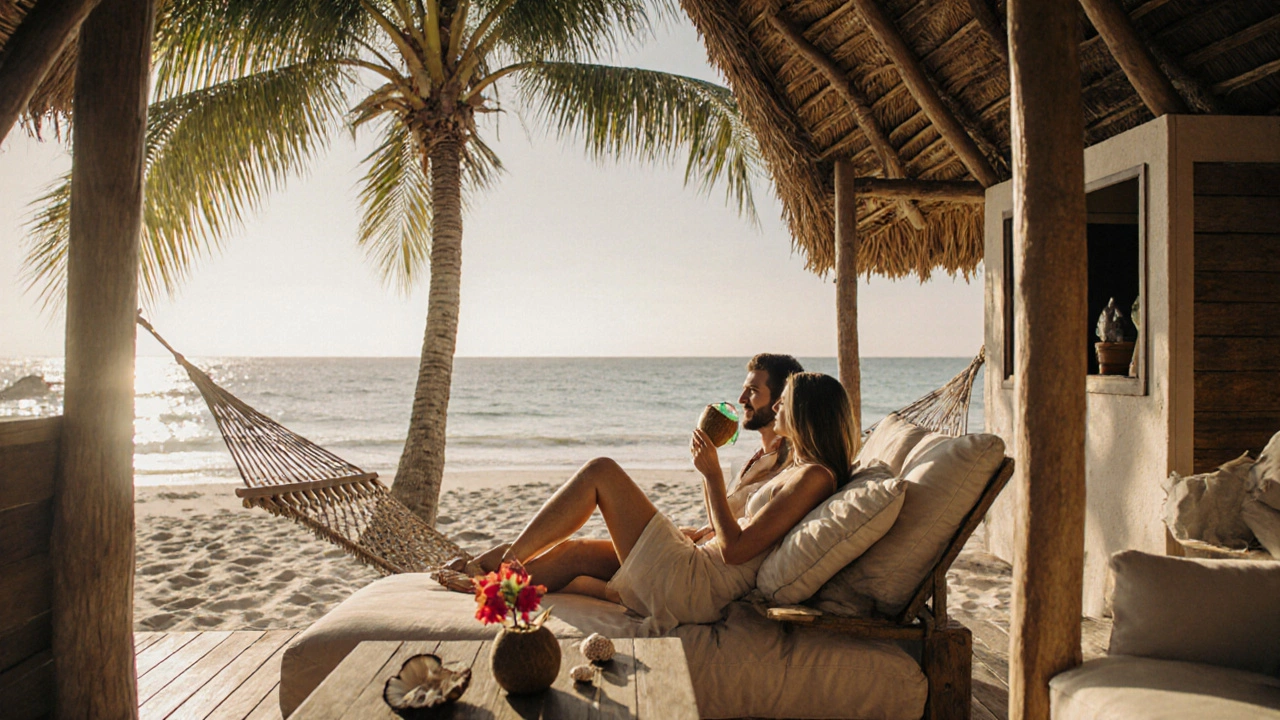 Couple relaxing in a beachfront cabana in Tulum with hammock and coconut water, peaceful and secluded.