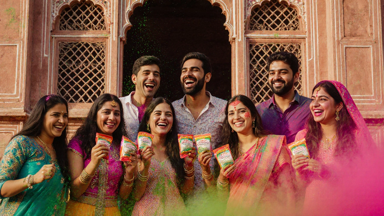 Foreign travelers laughing in Jaipur&#039;s Hawa Mahal, surrounded by swirling Holi powder and traditional textiles.