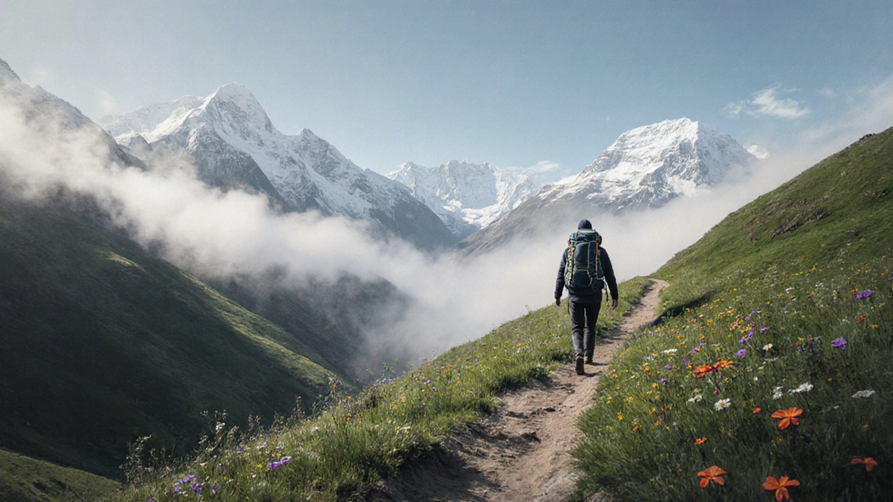 Himalayan trail in September with misty valleys and snow-capped peaks in the distance.