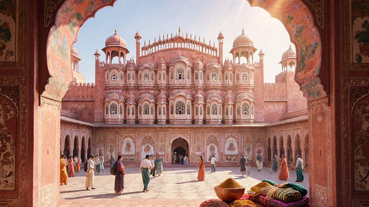 Jaipur&#039;s City Palace with ornate architecture and visitors in traditional clothing.