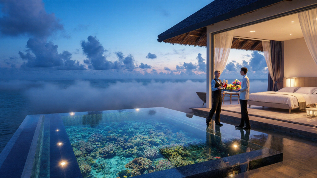 Luxury overwater villa in the Maldives at dawn with private pool and butler delivering breakfast.
